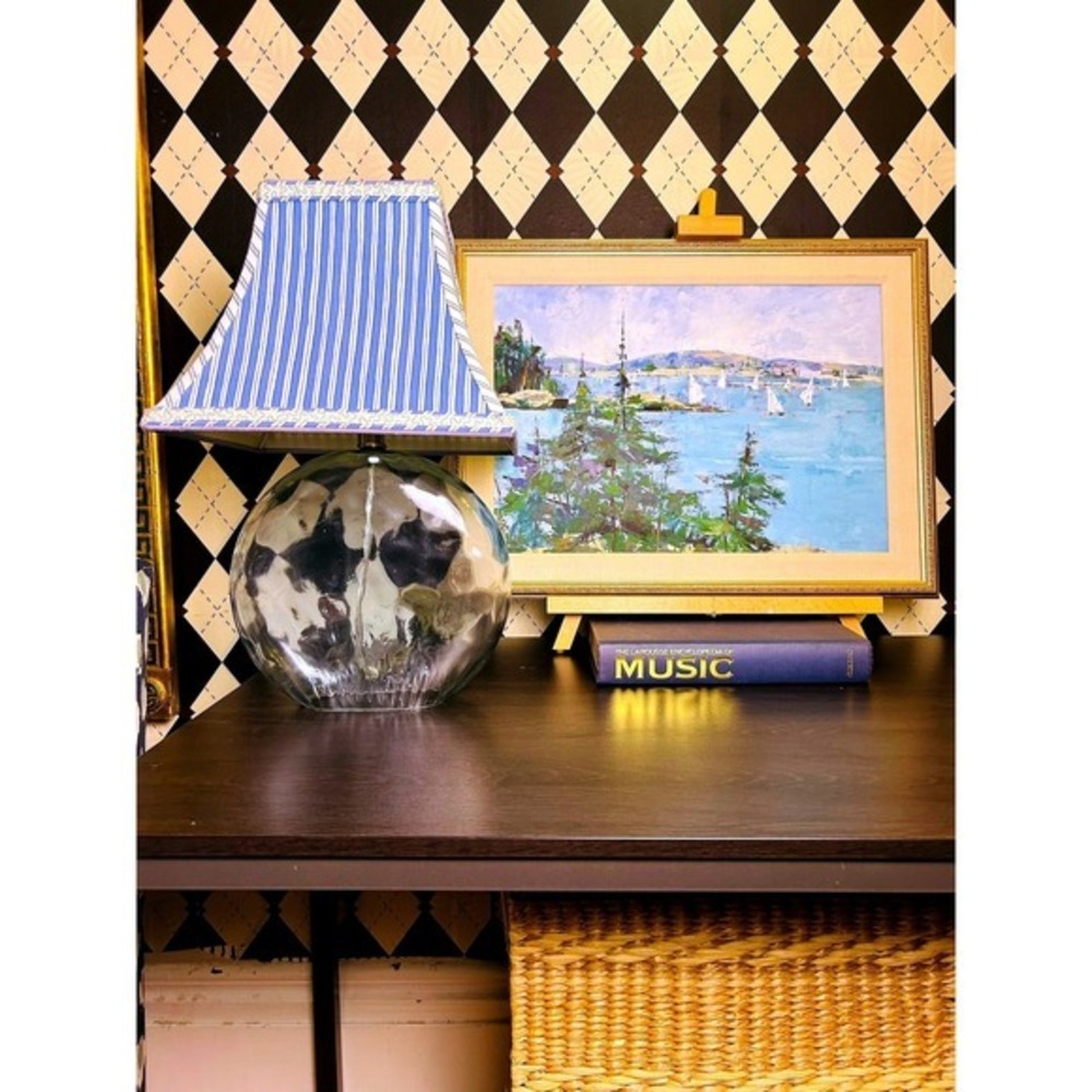 Coastal Aqua Blue Glass Table Lamp Blue White Striped Shade - Picture 11 of 11